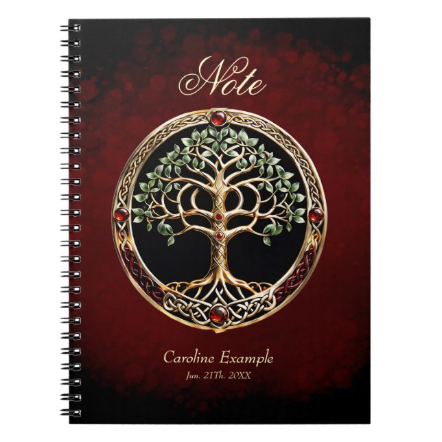 Caderno Espiral Elegante árvore nobre da vida com nó celta. (Frente)