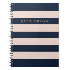 Caderno Espiral Elegante Azul Marinho & Rosa Bege Listrado Persona