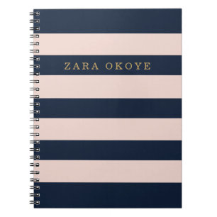 Caderno Espiral Elegante Azul Marinho & Rosa Bege Listrado Persona