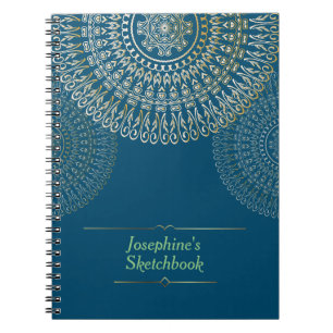 Caderno Espiral Elegante Beige Mandala Nome personalizado azul esc