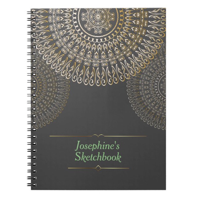 Caderno Espiral Elegante Beige Mandala Personalizado Nome cinza Es (Frente)