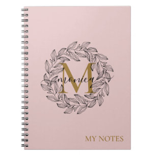 Caderno Espiral Elegante Blush Pink Girly Floral Dourado Monograma