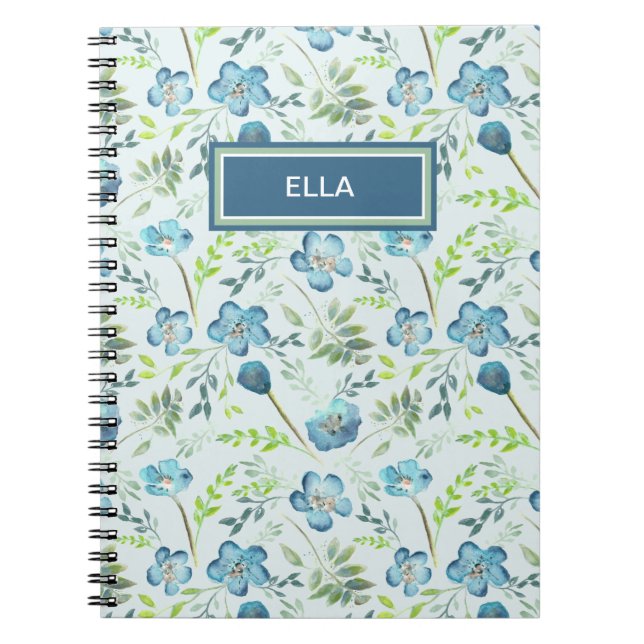 Caderno Espiral Elegante Boho Blue Watercolor Flores Nome (Frente)