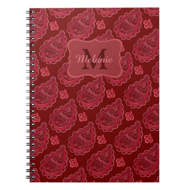 Caderno Espiral Elegante Burgundy Paisley Pattern Personalizado (Frente)