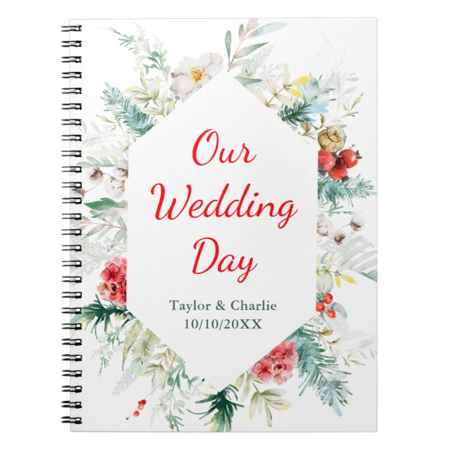 Caderno Espiral Elegante Casamento no inverno Floral Greenery Plan (Frente)