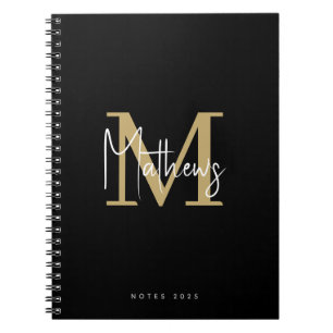 Caderno Espiral Elegante Chic Black White Monographic Name