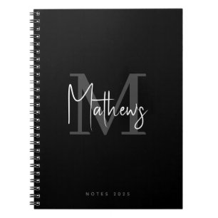 Caderno Espiral Elegante Cinza Negra-Chic Nome Monograma Branco