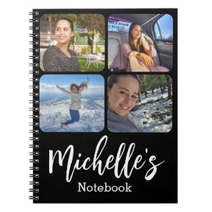 Caderno Espiral elegante colagem de 4 fotos personalizadas preto e