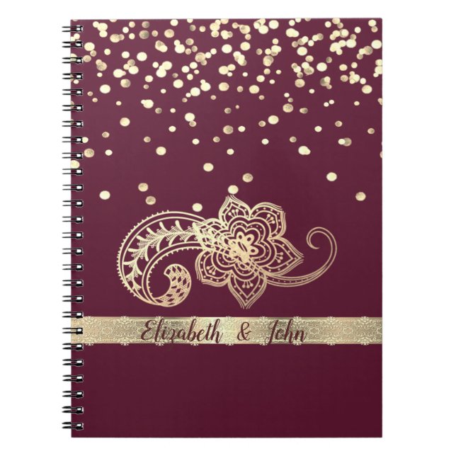 Caderno Espiral Elegante,Confetti,Lace,Dourado,Paisley Personaliza (Frente)