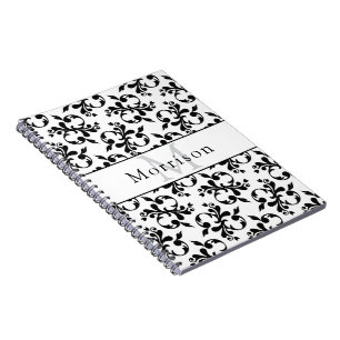 Caderno Espiral Elegante Cor damasco de francês preto e branco
