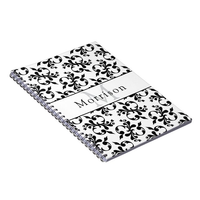 Caderno Espiral Elegante Cor damasco de francês preto e branco (Lado Direito)