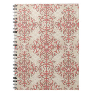 Caderno Espiral Elegante Coral e Padrão Damask Branco Antigo