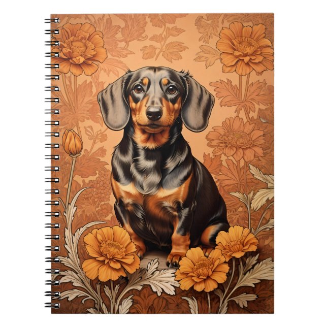 Caderno Espiral Elegante Dachshund E Marigolds (Frente)
