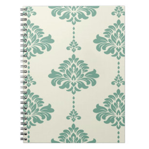 Caderno Espiral Elegante Damasco Verde-Azul Faixa Vertical Sem Cos