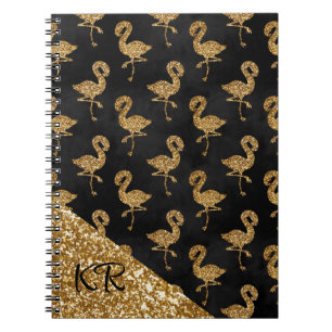 Caderno Espiral Elegante Dourado Flamingo Pattern Monograma