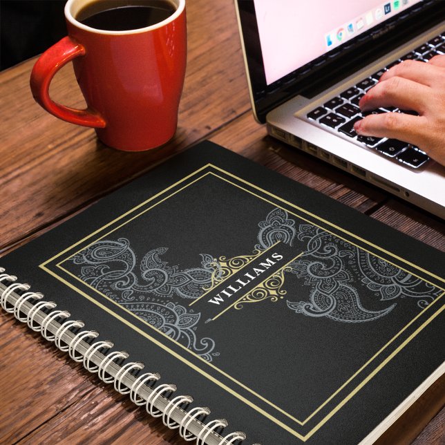 Caderno Espiral Elegante Dourado Paisley Monograma (Criador carregado)