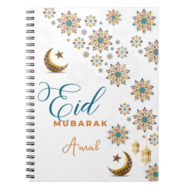 Caderno Espiral Elegante Eid Mubarak Caligrafia Lua Estrelas (Frente)