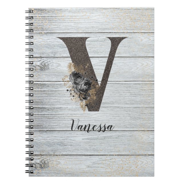 Caderno Espiral Elegante Elegante Gótico Preto Moderno Monograma V (Frente)