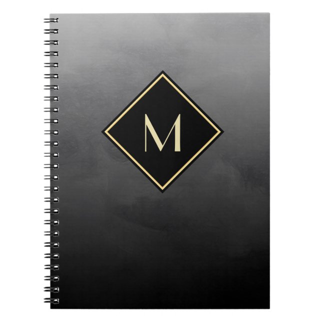 Caderno Espiral Elegante Esmagado Preto Com Simples Monograma Dour (Frente)