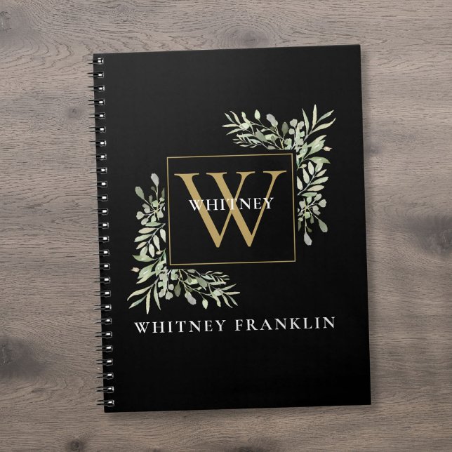 Caderno Espiral Elegante Eucalyptus Greenery Black Monograma Doura (Elegant Eucalyptus Greenery Black Gold Monogram Notebook)