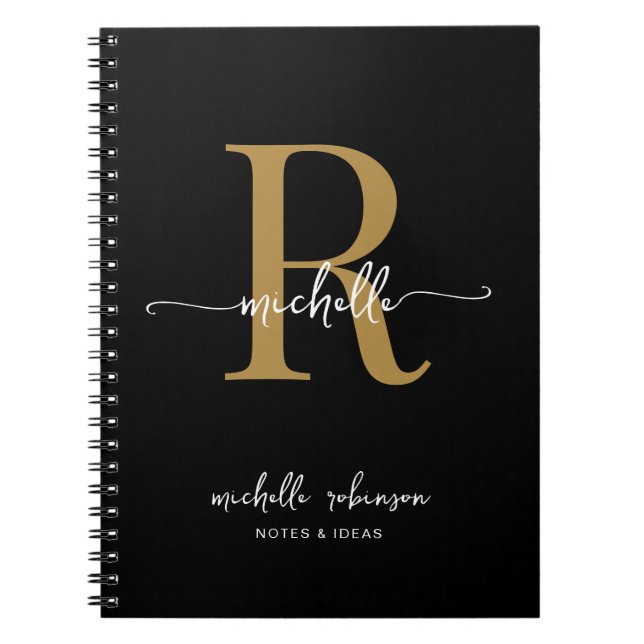 Caderno Espiral Elegante Feminino Chic Monograma Nome Dourado Pret (Frente)