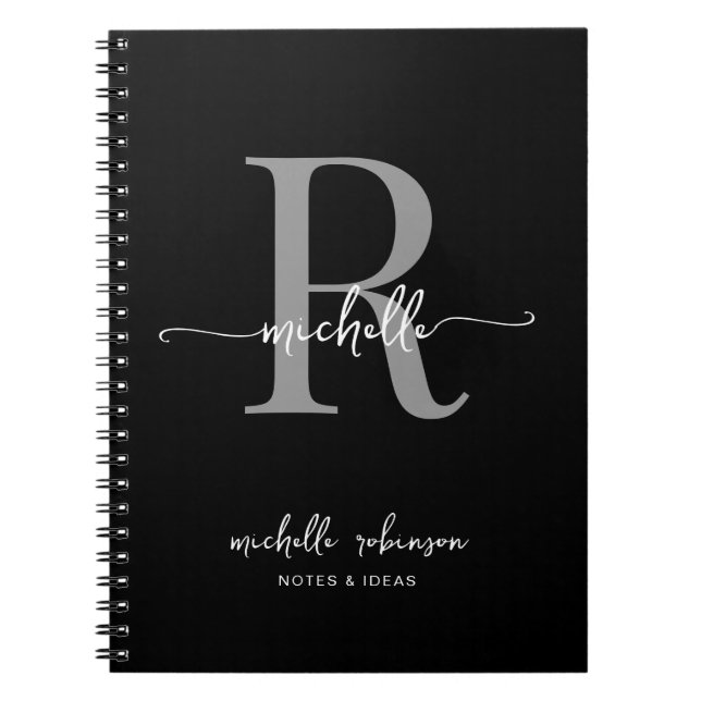 Caderno Espiral Elegante Feminino Monograma Nome Preto Cinza Scrip (Frente)