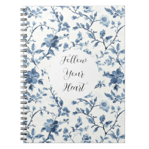 Caderno Espiral Elegante Floral Azul Branco  