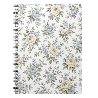 Caderno Espiral Elegante Floral Azul e Marfim