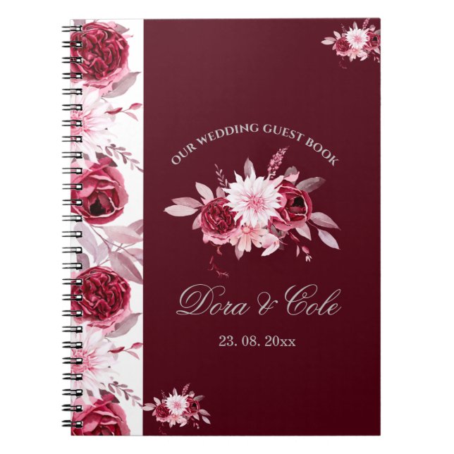Caderno Espiral Elegante Floral Blush Pink Burgundy Convidado (Frente)