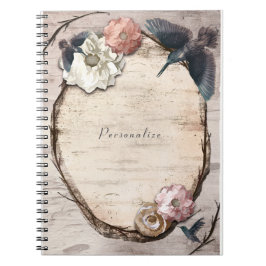 Caderno Espiral Elegante Floral de Bétula Branca Rústica e Beija-f
