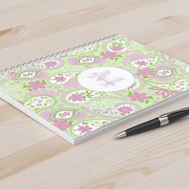 Caderno Espiral Elegante Girly Green Preppy Paisley Impressão Patt (Criador carregado)