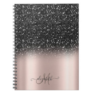 Caderno Espiral Elegante Glitter Preto Ombre Monograma Dourado Ros