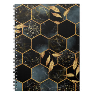 Caderno Espiral Elegante Marble & Dourado: Textura de Hexágono do 
