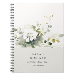 Caderno Espiral Elegante Moderno Boho Abstrato Verde Floral Branco