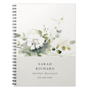 Caderno Espiral Elegante Moderno Boho Abstrato Verde Floral Branco
