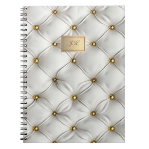 Caderno Espiral Elegante Moderno Couro Branco Gold Tufted