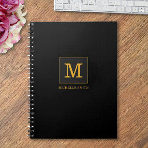 Caderno Espiral Elegante Moderno Monograma Nome Preto Dourado