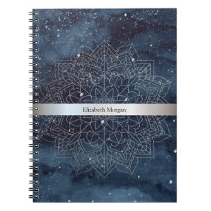 Caderno Espiral Elegante moderno prata mandala Marinho azul
