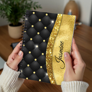 Caderno Espiral Elegante monograma de diamante preto com brilho do