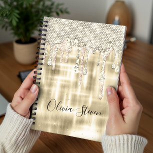 Caderno Espiral Elegante monograma de glitter dourado pingando
