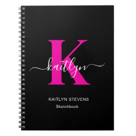 Caderno Espiral Elegante Monograma de Letra Cursiva Preta e Rosa