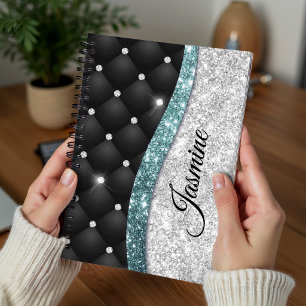 Caderno Espiral Elegante monograma falso preto brilhante prata azu