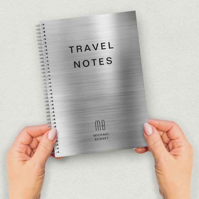 Caderno Espiral Elegante Monograma Faux Silver GreyTravel (Elegant Monogram Faux Silver GrayTravel Notebook)