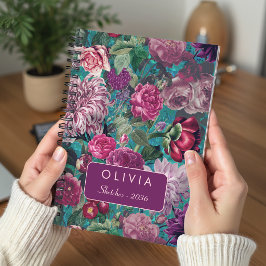 Caderno Espiral Elegante monograma floral em azul aqua vintage