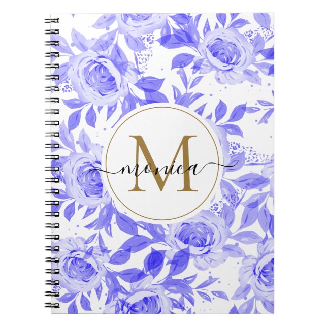 Caderno Espiral Elegante Monograma Floral Monograma Cobalto Azul (Frente)