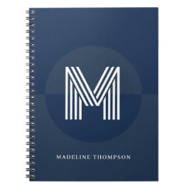 Caderno Espiral Elegante Monograma Geométrico Moderno Azul Marinho