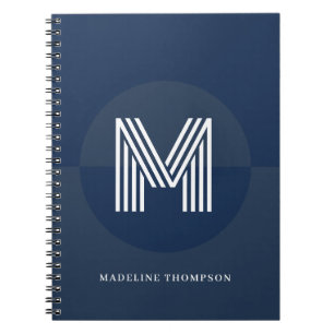 Caderno Espiral Elegante Monograma Geométrico Moderno Azul Marinho