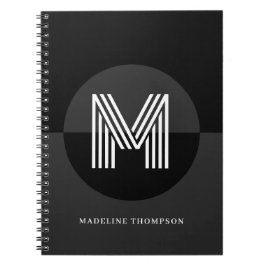 Caderno Espiral Elegante Monograma Geométrico Moderno Preto Branco