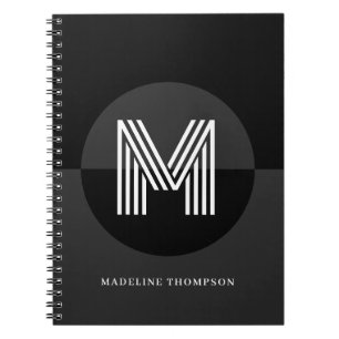 Caderno Espiral Elegante Monograma Geométrico Moderno Preto Branco