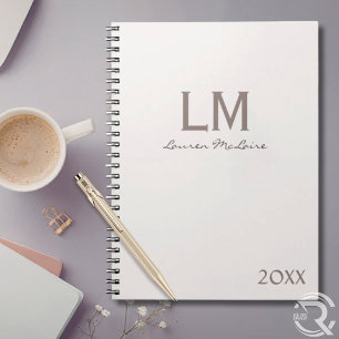Caderno Espiral Elegante Monograma Minimalista Champanhe Bege Pers